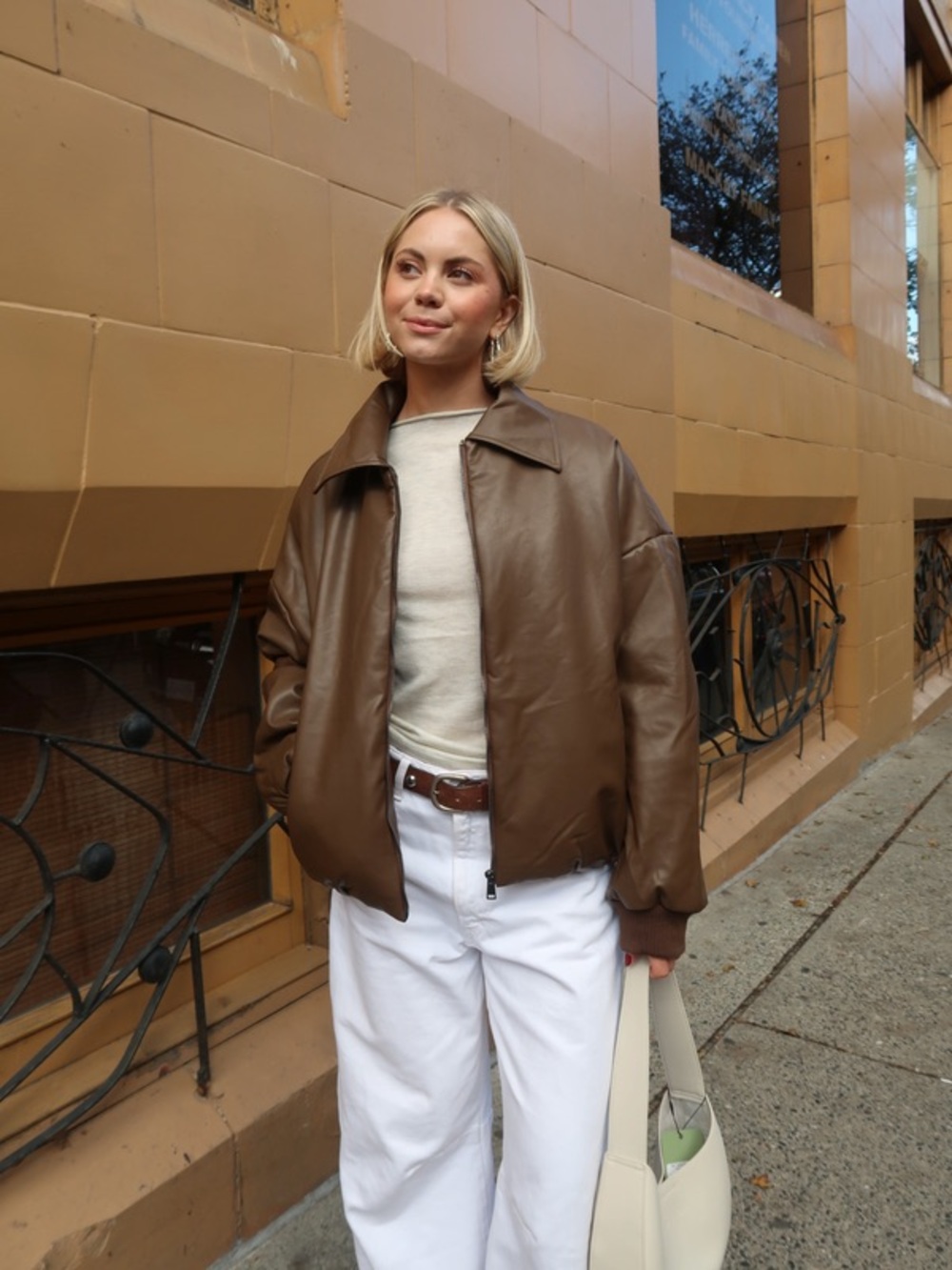 $200 BRUNETTE THE LABEL MIRIAM FAUX LEATHER BOMBER JACKET